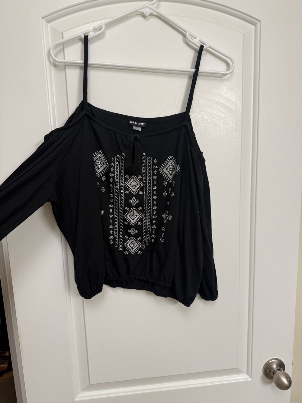 Joe Boxer Black Cold-Shoulder Embroidered Spaghetti-Strap Top